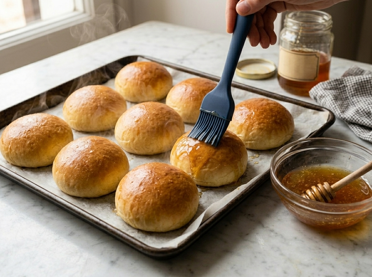 Fresh-baked maritozzi buns on a parchment-lined pan being brushed with honey glaze straight from the oven
