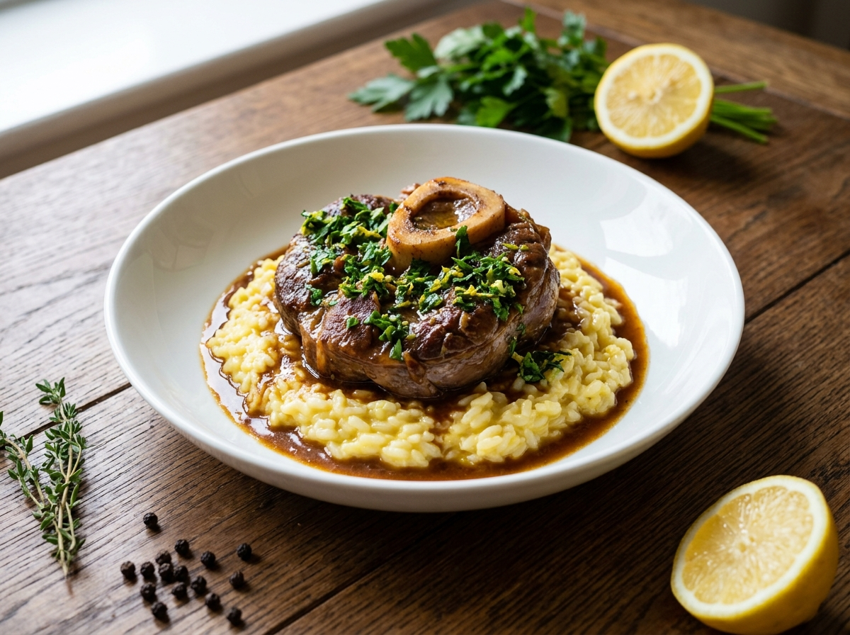 Ossobuco alla Milanese braised veal shank over saffron risotto with gremolata in a white ceramic bowl