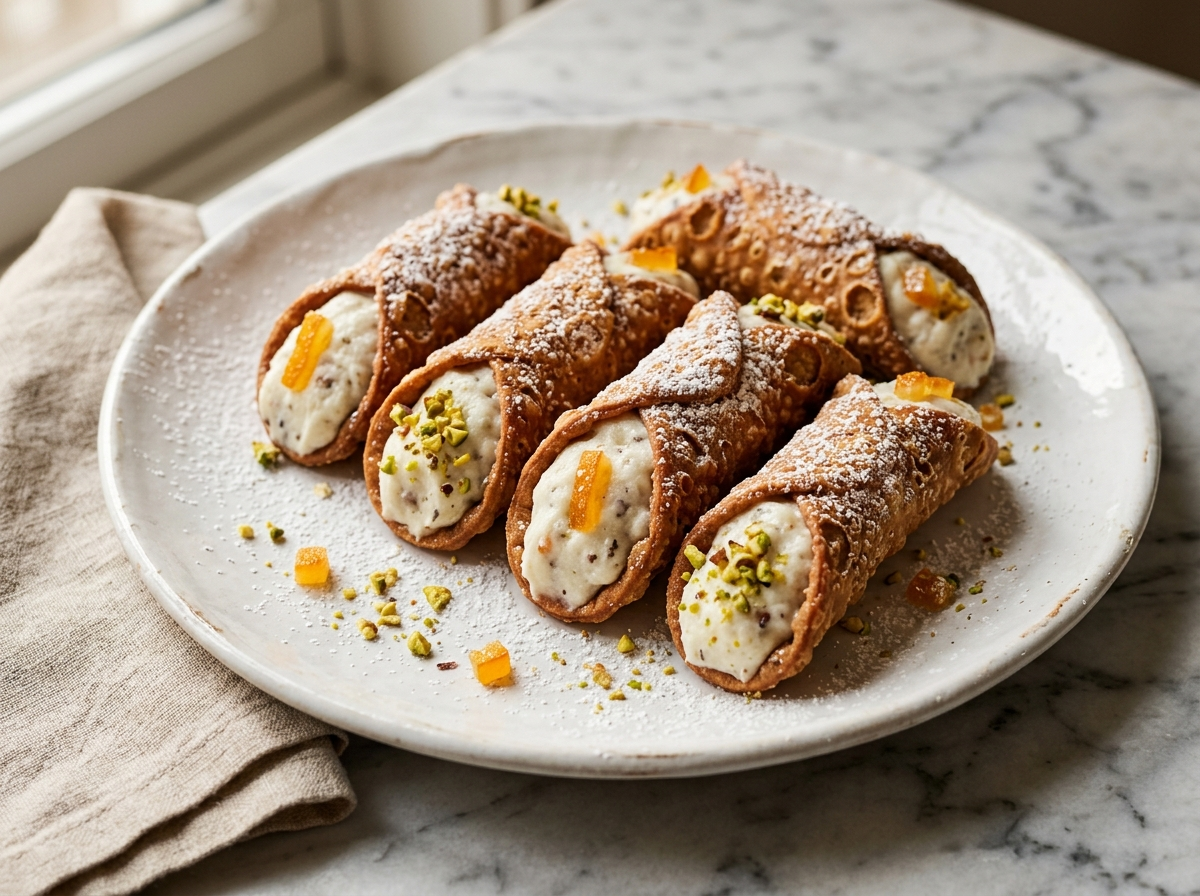 Six cannoli siciliani classici on a ceramic plate dusted with powdered sugar and candied orange peel on marble