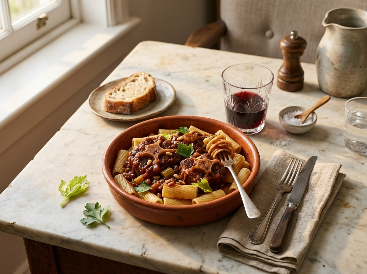 Bowl of rigatoni topped with coda alla vaccinara sauce and braised oxtail on marble surface