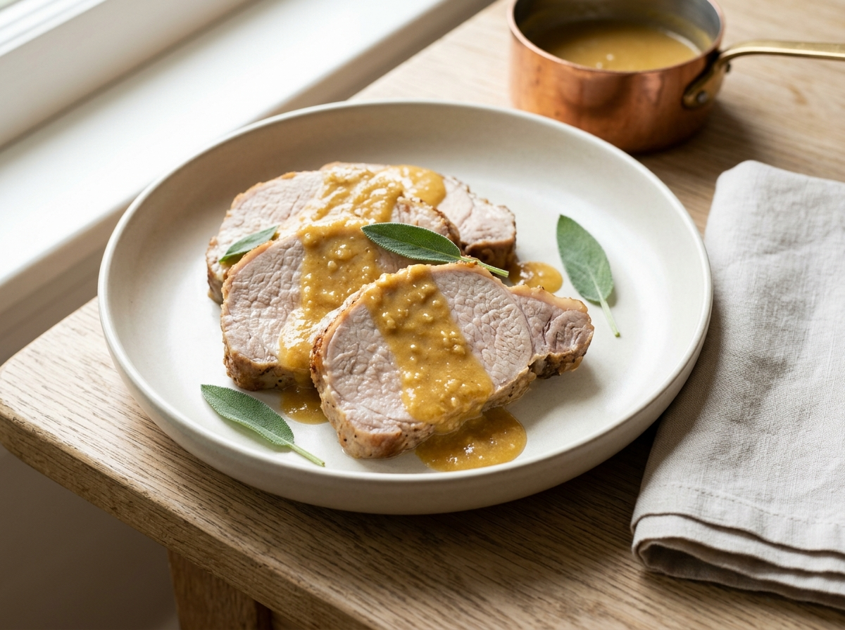 Sliced Italian milk-braised pork loin on a ceramic plate topped with golden milk curds and fresh sage