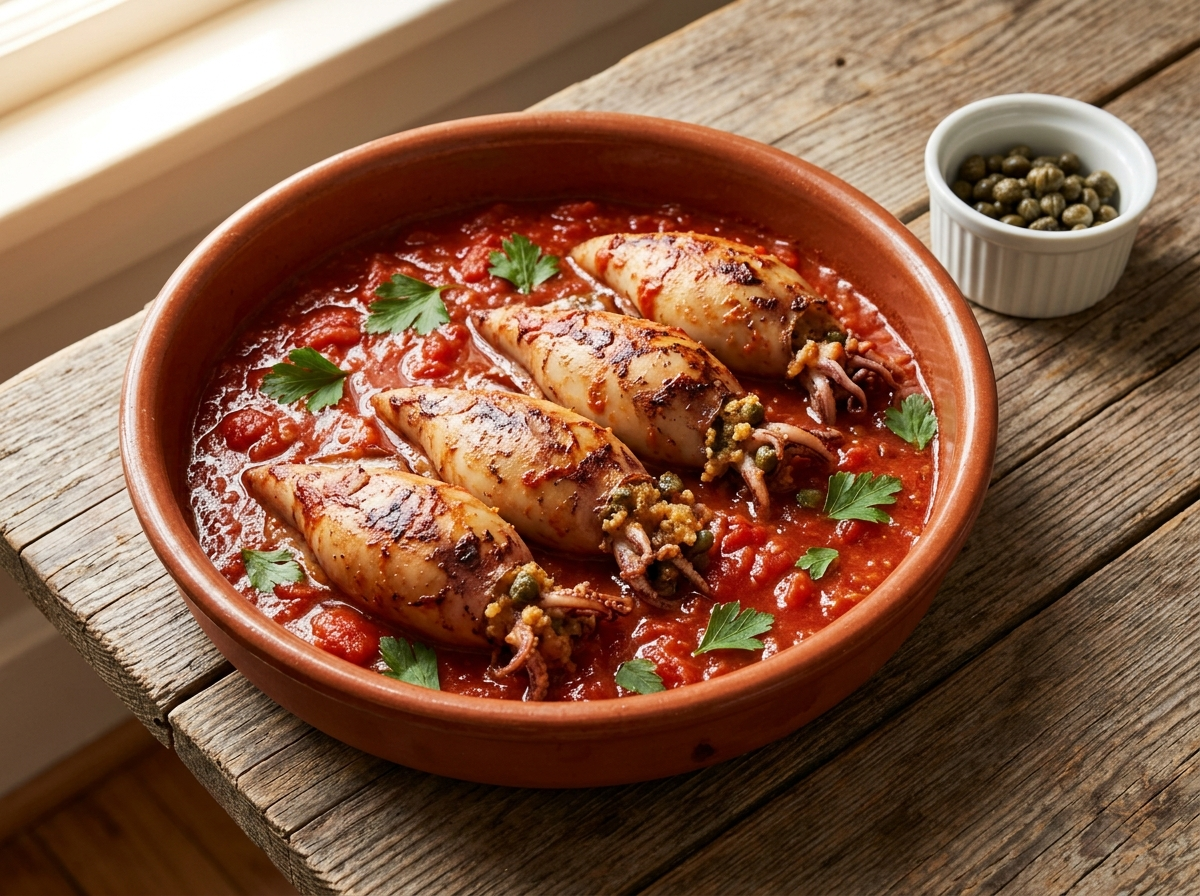 Four totani ripieni stuffed with breadcrumbs and capers simmering in tomato sauce in a terracotta pan