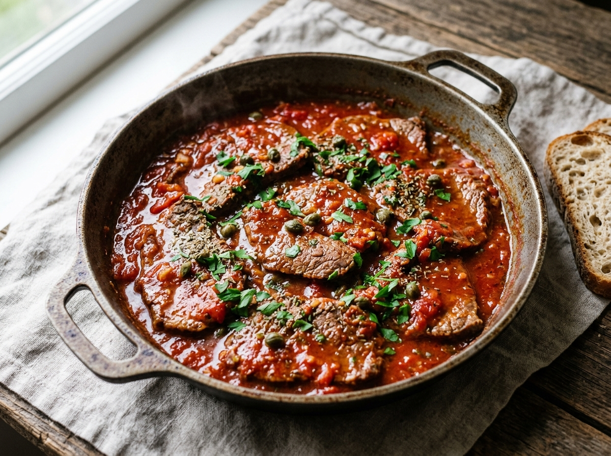 Carne alla pizzaiola in a cast-iron skillet with tomato-oregano sauce, parsley, and crusty bread alongside