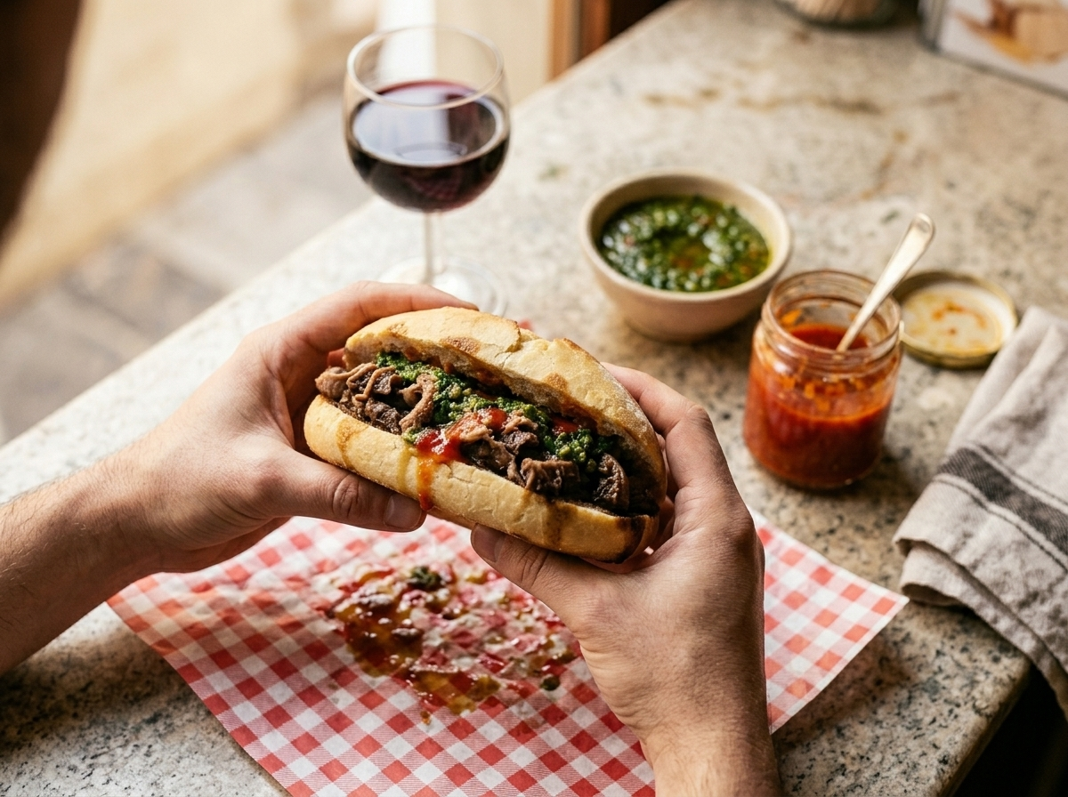 Hand holding a lampredotto sandwich over checkered paper with a glass of Chianti and salsa verde on a marble counter