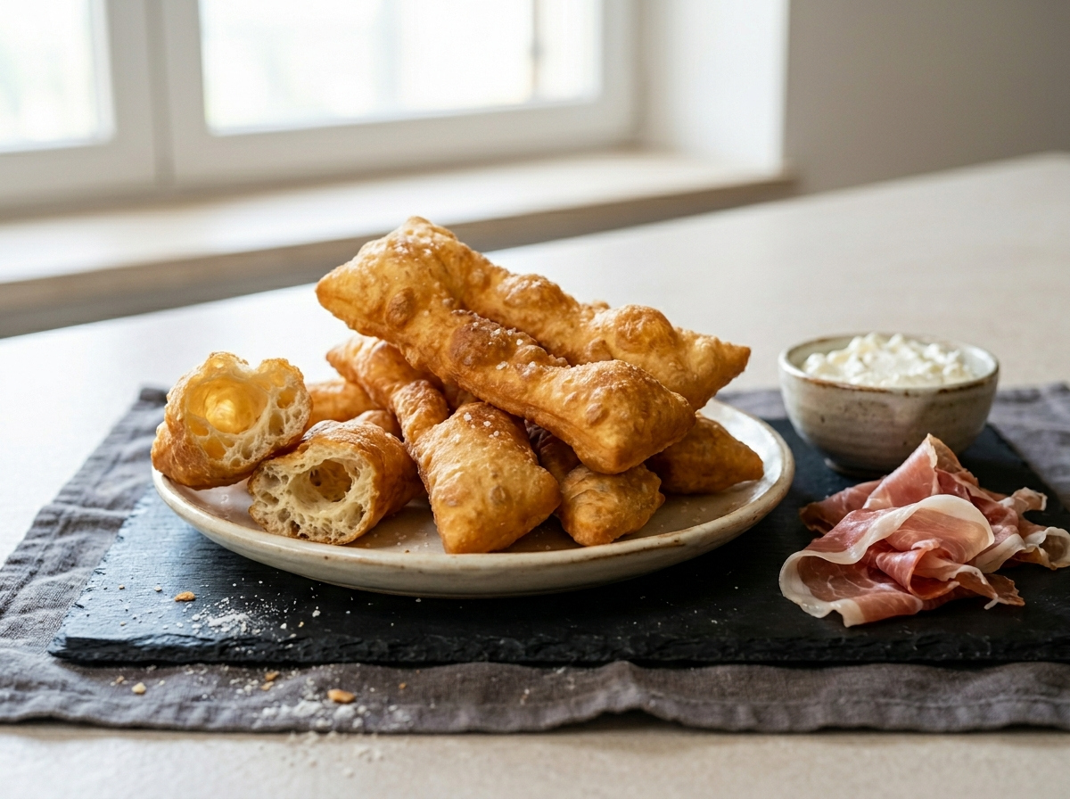 Golden blistered sgabei fried dough strips from Lunigiana on a dark board with stracchino cheese and prosciutto