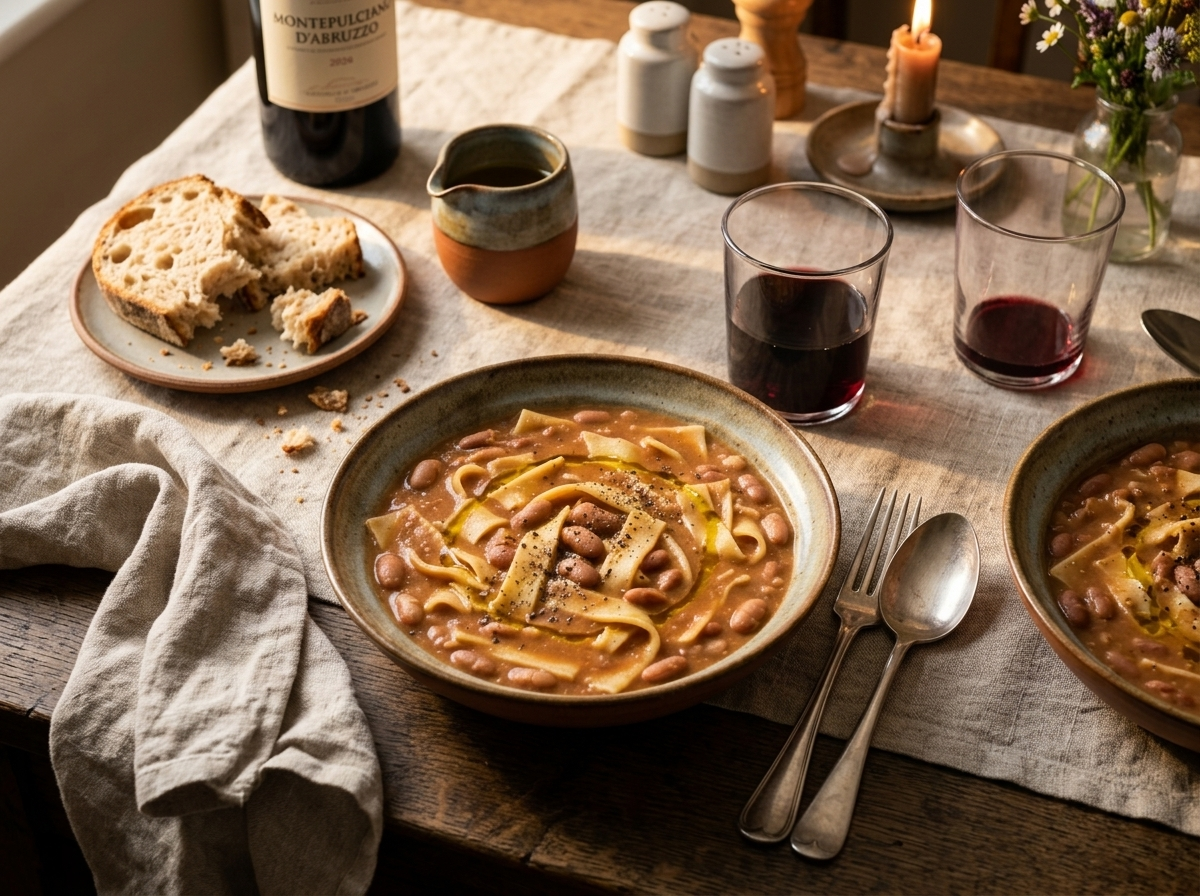 Two bowls of Abruzzo sagne e fagioli on a rustic table with red wine and torn sourdough bread