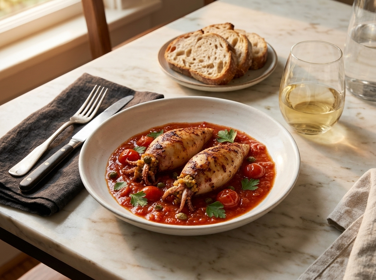 Plated totani ripieni with tomato sauce on a white dish, crusty bread and white wine alongside