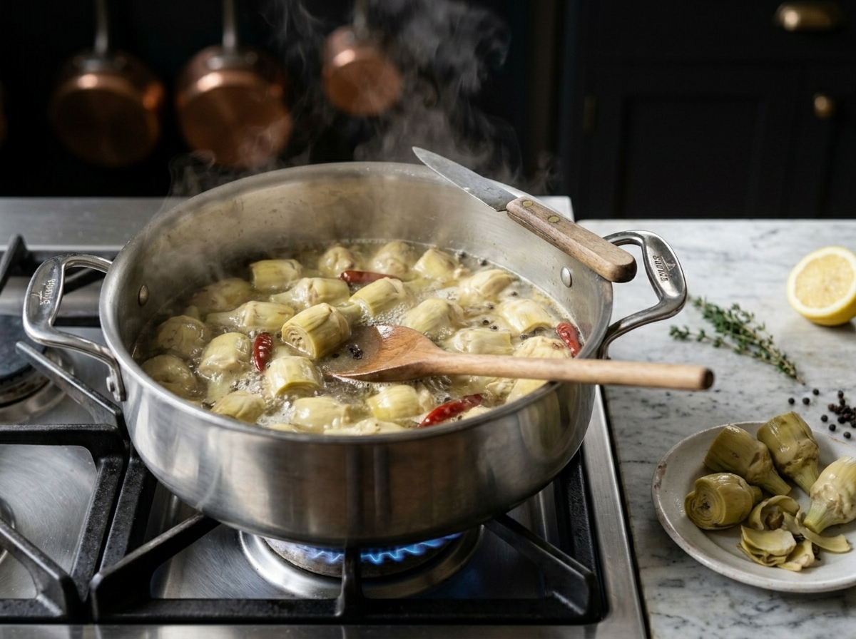 Baby artichokes simmering in white wine vinegar blanching liquid in a large saucepan on the stovetop