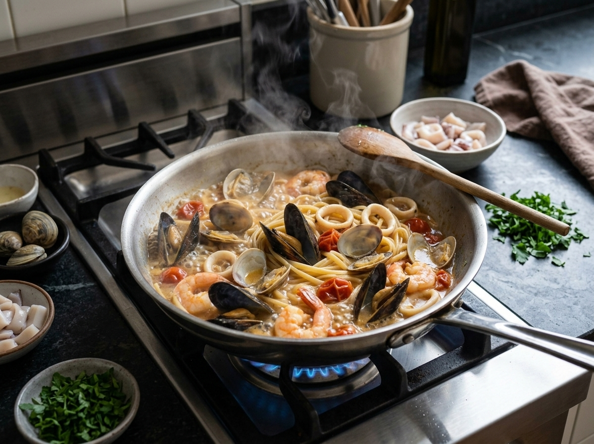 Clams and mussels opening in white wine tomato broth in a wide skillet for linguine allo scoglio