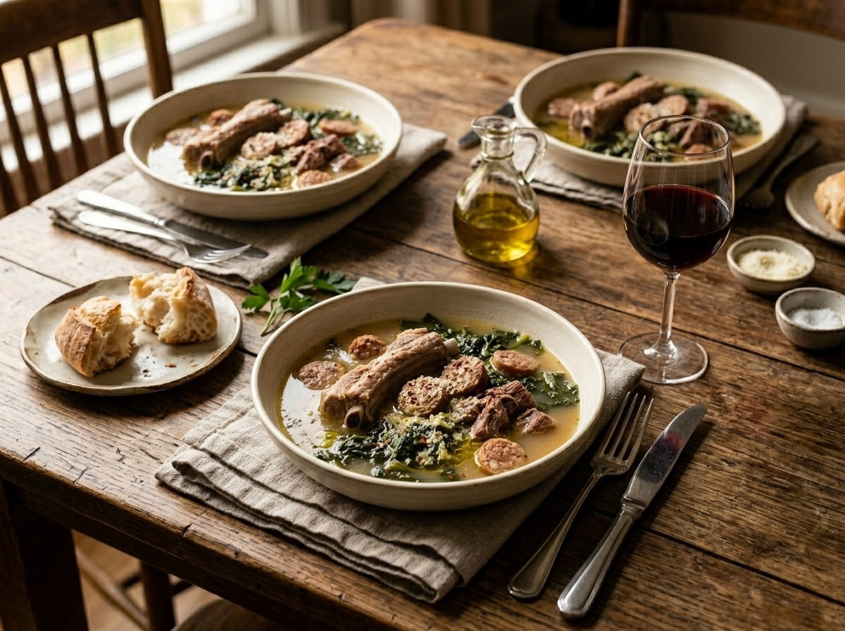 Two bowls of minestra maritata served with Neapolitan bread and a glass of Aglianico red wine