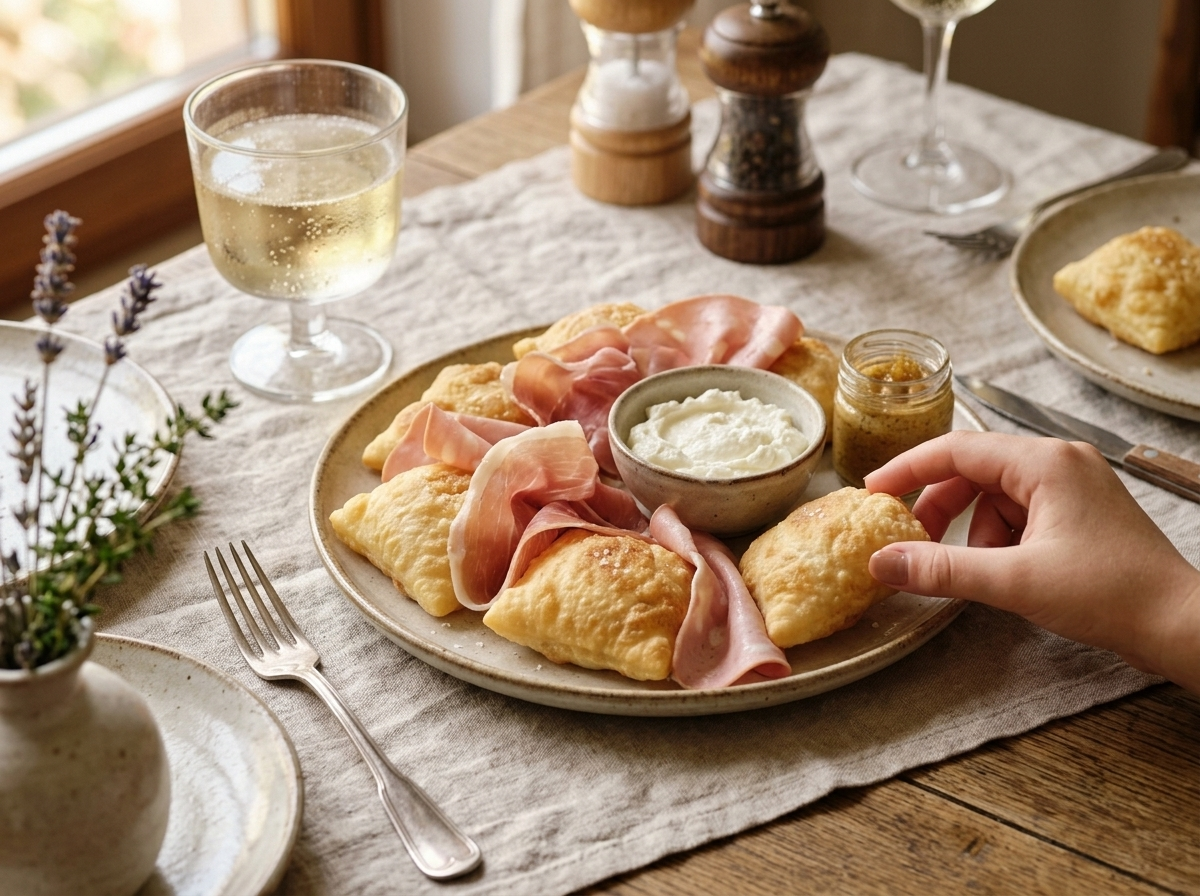 Hand reaching for a piece of gnocco fritto on a ceramic plate with mortadella and sparkling wine