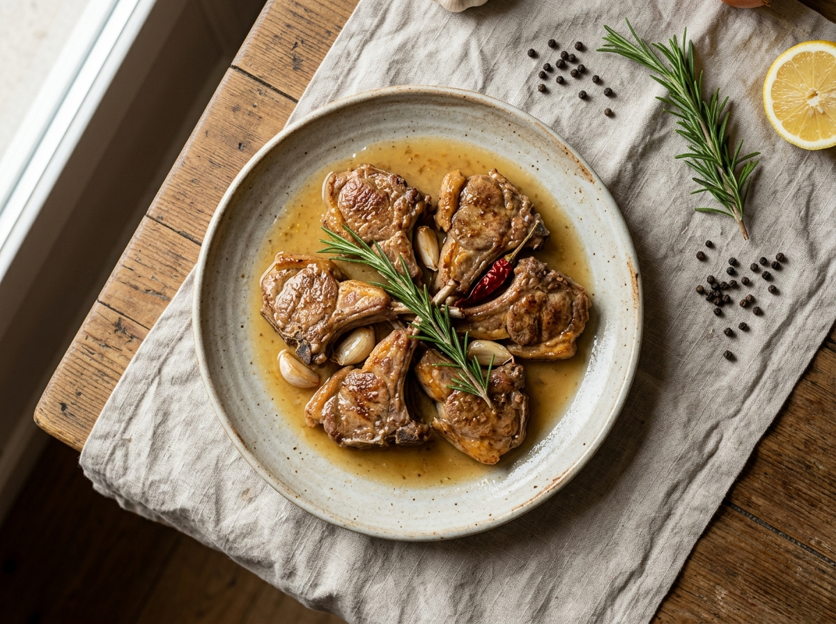 Abbacchio alla cacciatora in a cast-iron pan with golden lamb chops, rosemary, garlic, and amber vinegar pan sauce