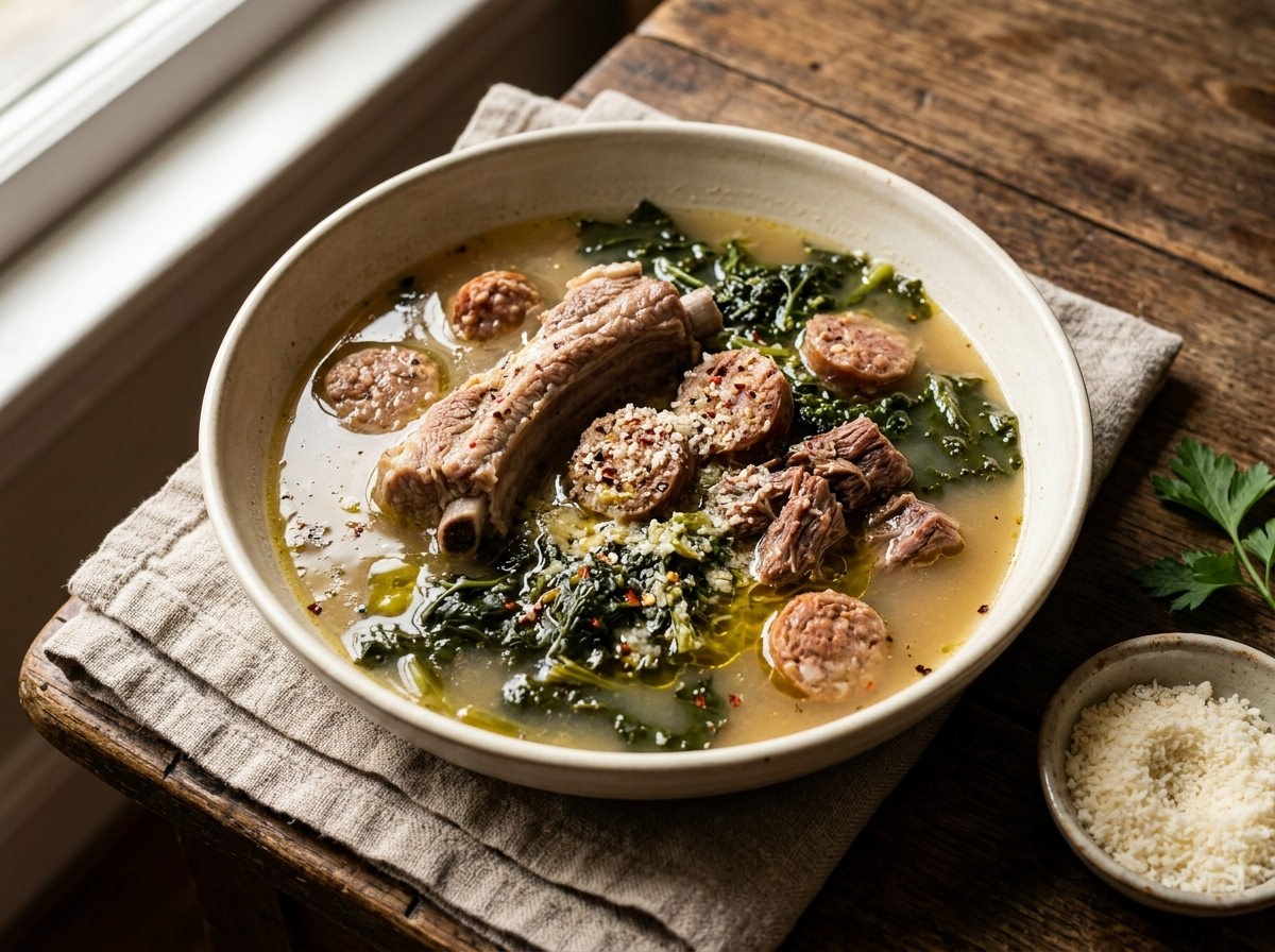 Deep bowl of minestra maritata napoletana with pork ribs, sausage, beef, and bitter greens in amber broth