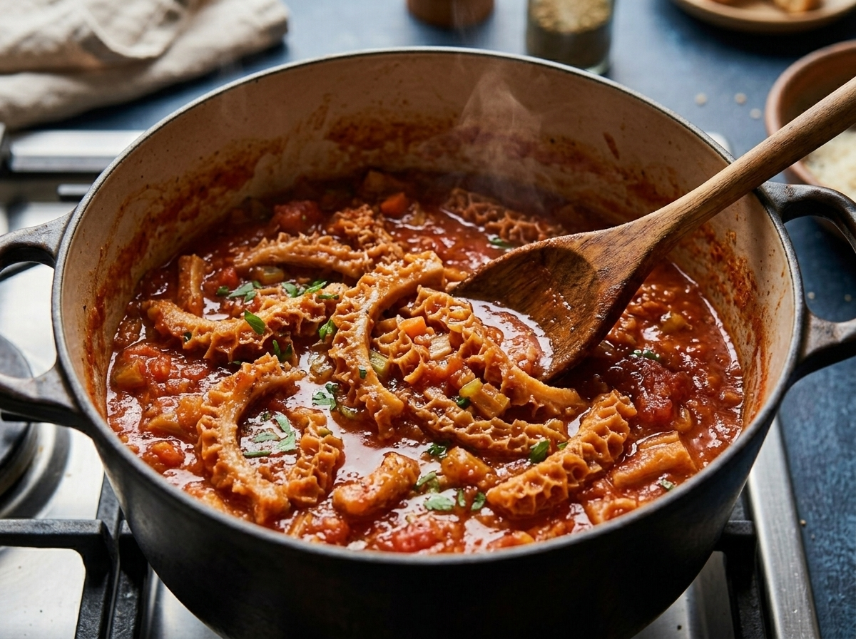 Honeycomb tripe strips simmering in tomato soffritto sauce in a Dutch oven, wooden spoon stirring
