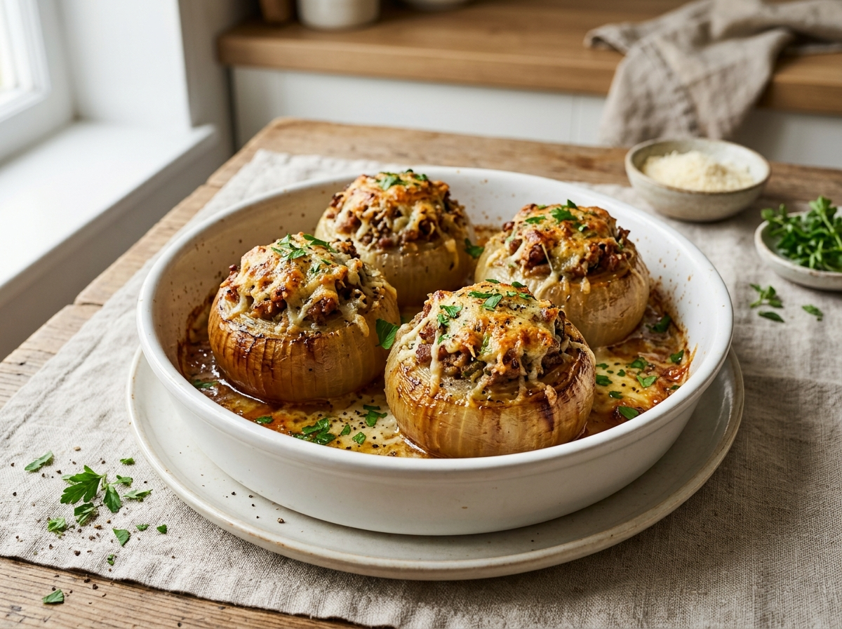 Four golden cipolle ripiene al forno in a white baking dish with Parmesan crust and pan juices, top-down view