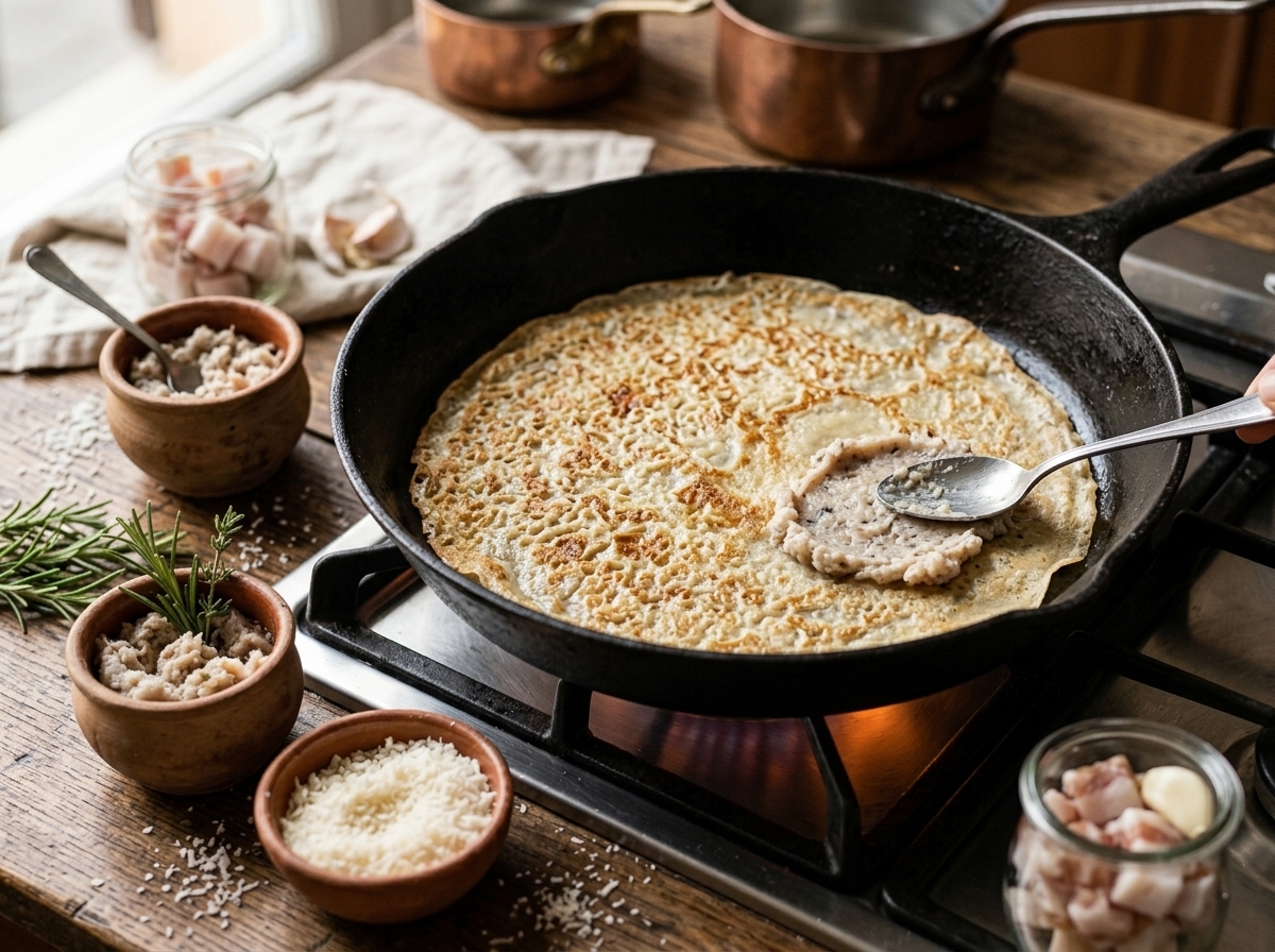 Spreading rosemary cunza over a paper-thin borlengo crepe in a hot cast iron skillet