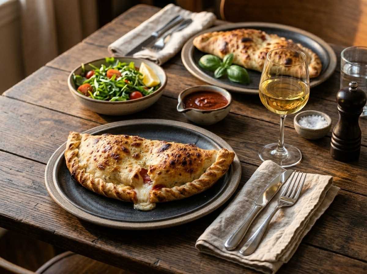 Two golden baked Neapolitan calzoni on ceramic plates with white wine and tomato dipping sauce