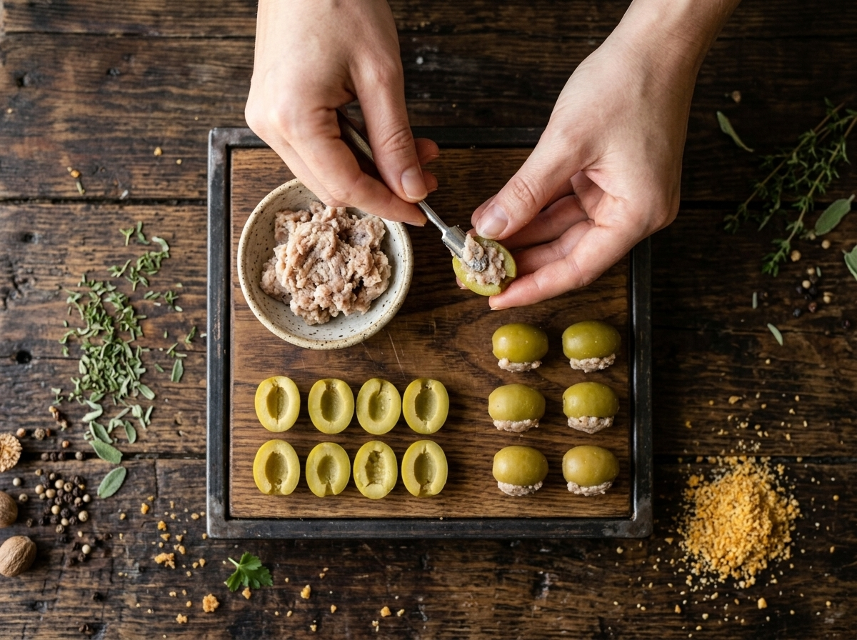 Hands stuffing a pitted green Cerignola olive with cooked meat filling on a wooden board, ready to bread and fry