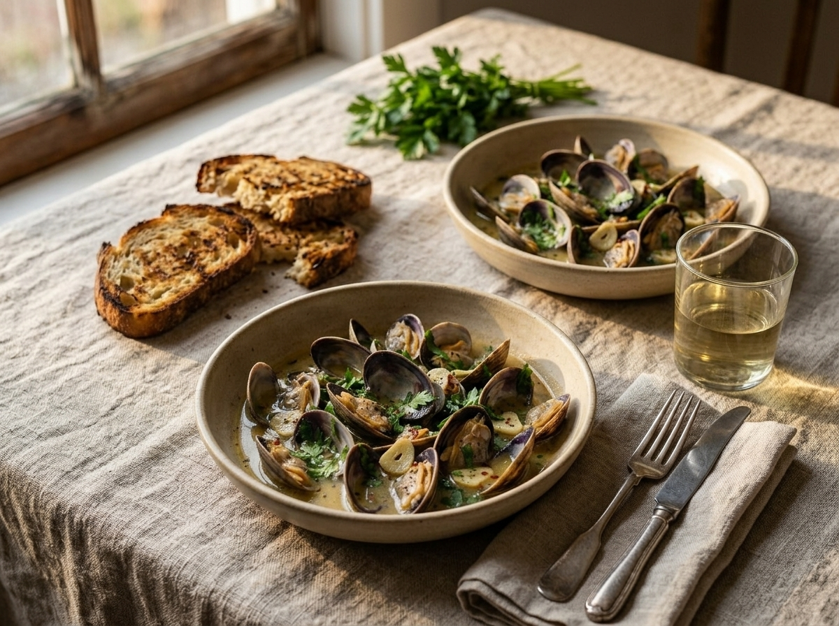 Two bowls of sauté di vongole with crusty bread and a glass of white wine on a linen tablecloth
