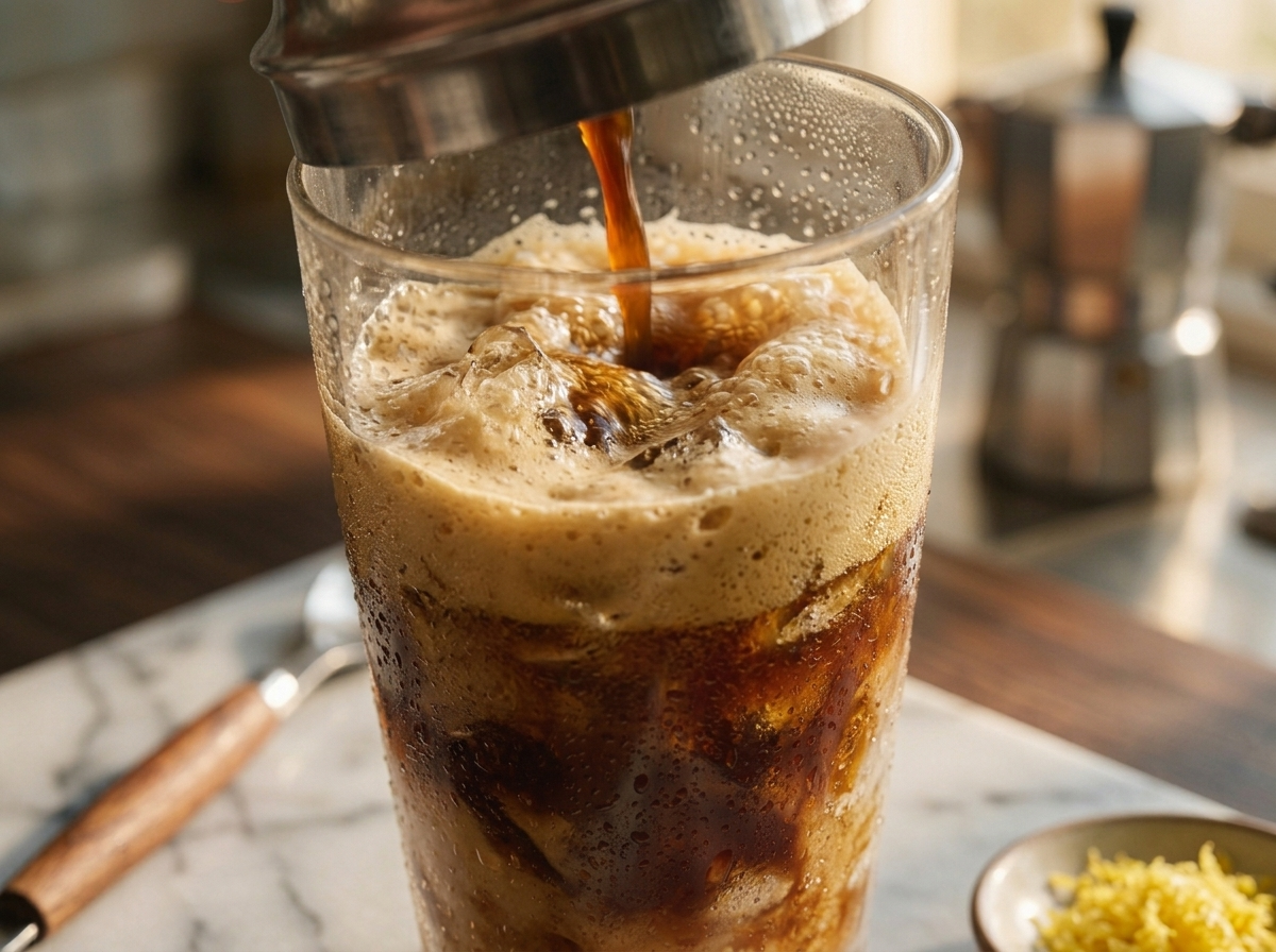 Cocktail shaker mid-shake with ice and dark espresso visible through the glass on a marble counter