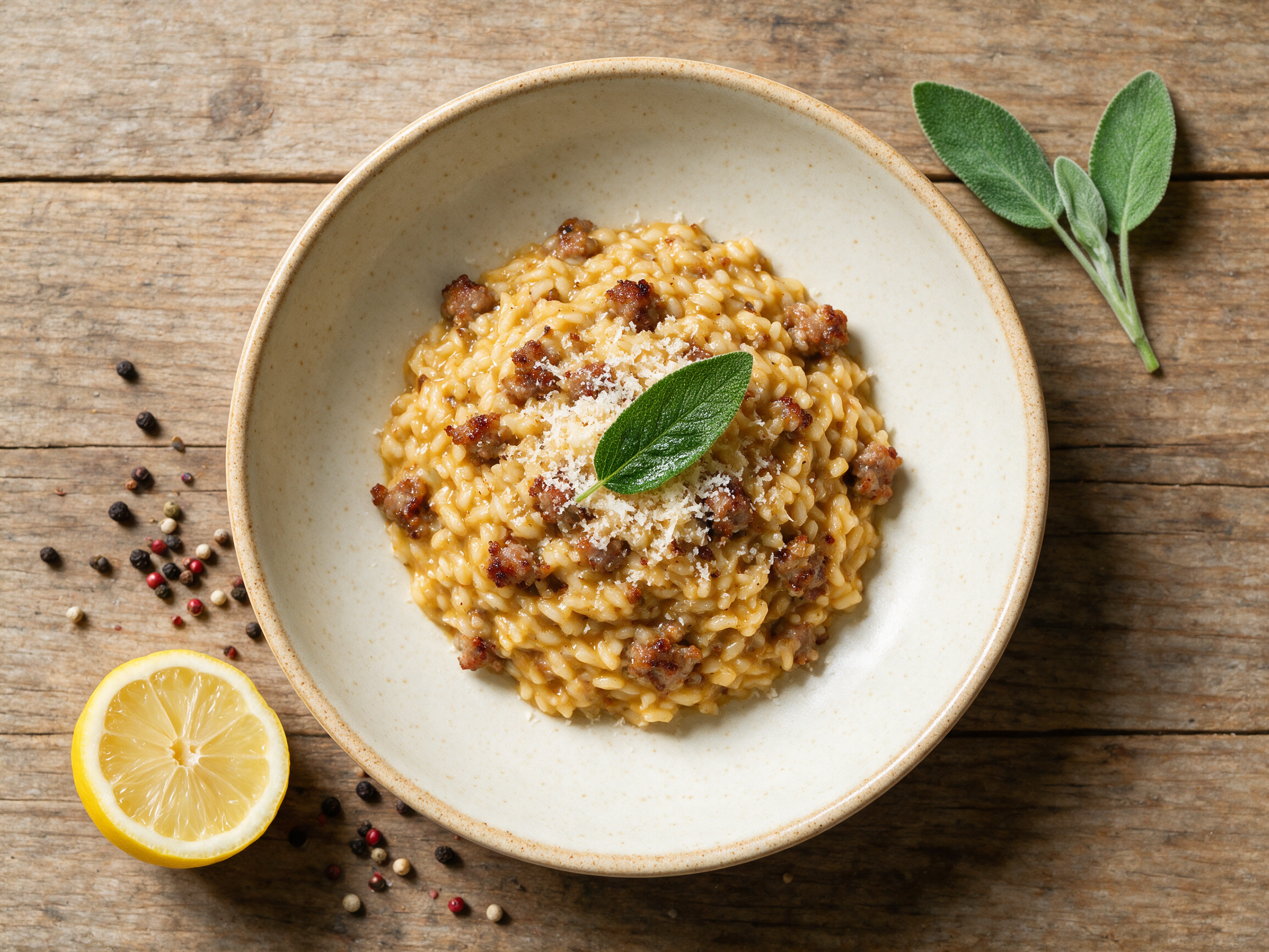 Overhead view of creamy risotto alla salsiccia in a shallow bowl with sausage crumbles and grated Parmesan on top