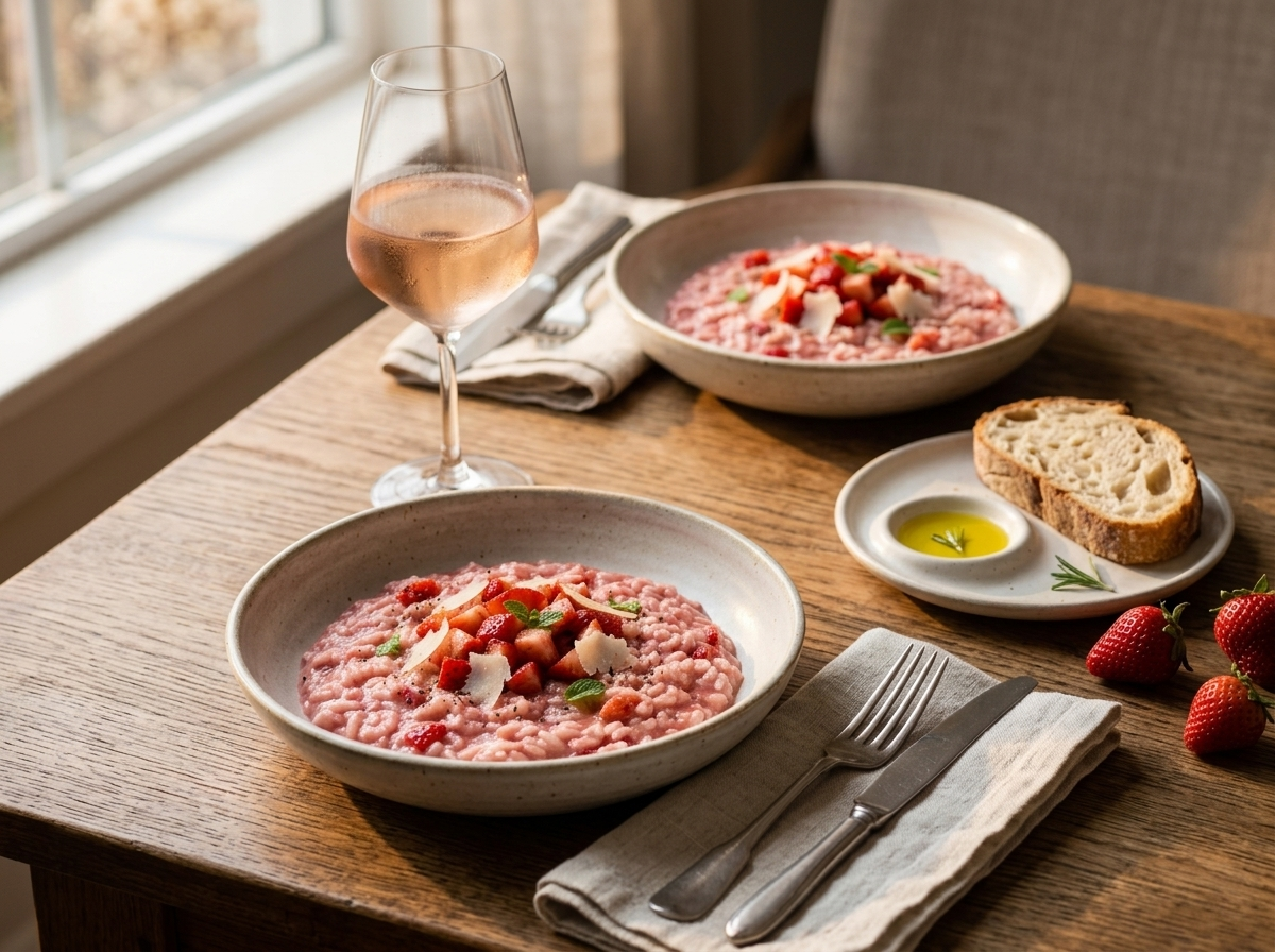 Two bowls of strawberry risotto on a wooden table with a glass of rosé wine and linen napkin in warm light