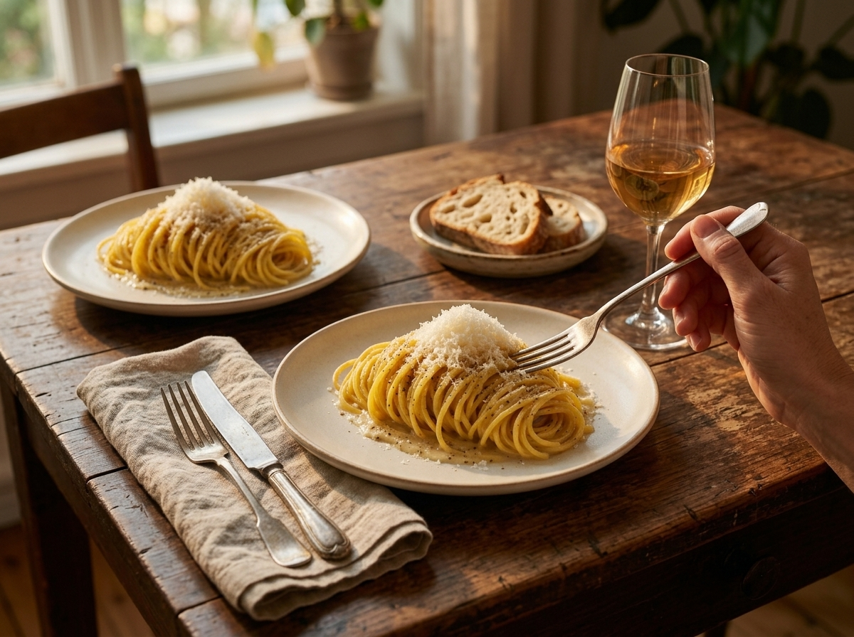 Two bowls of cacio e pepe on a rustic wood table beside a glass of white wine and a linen napkin at dusk