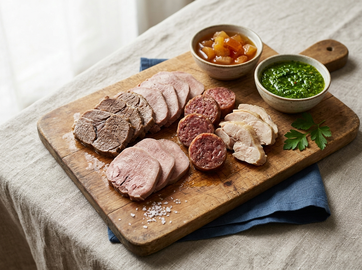 Sliced bollito misto alla piemontese with beef, tongue, cotechino, and capon on a wooden board with salsa verde