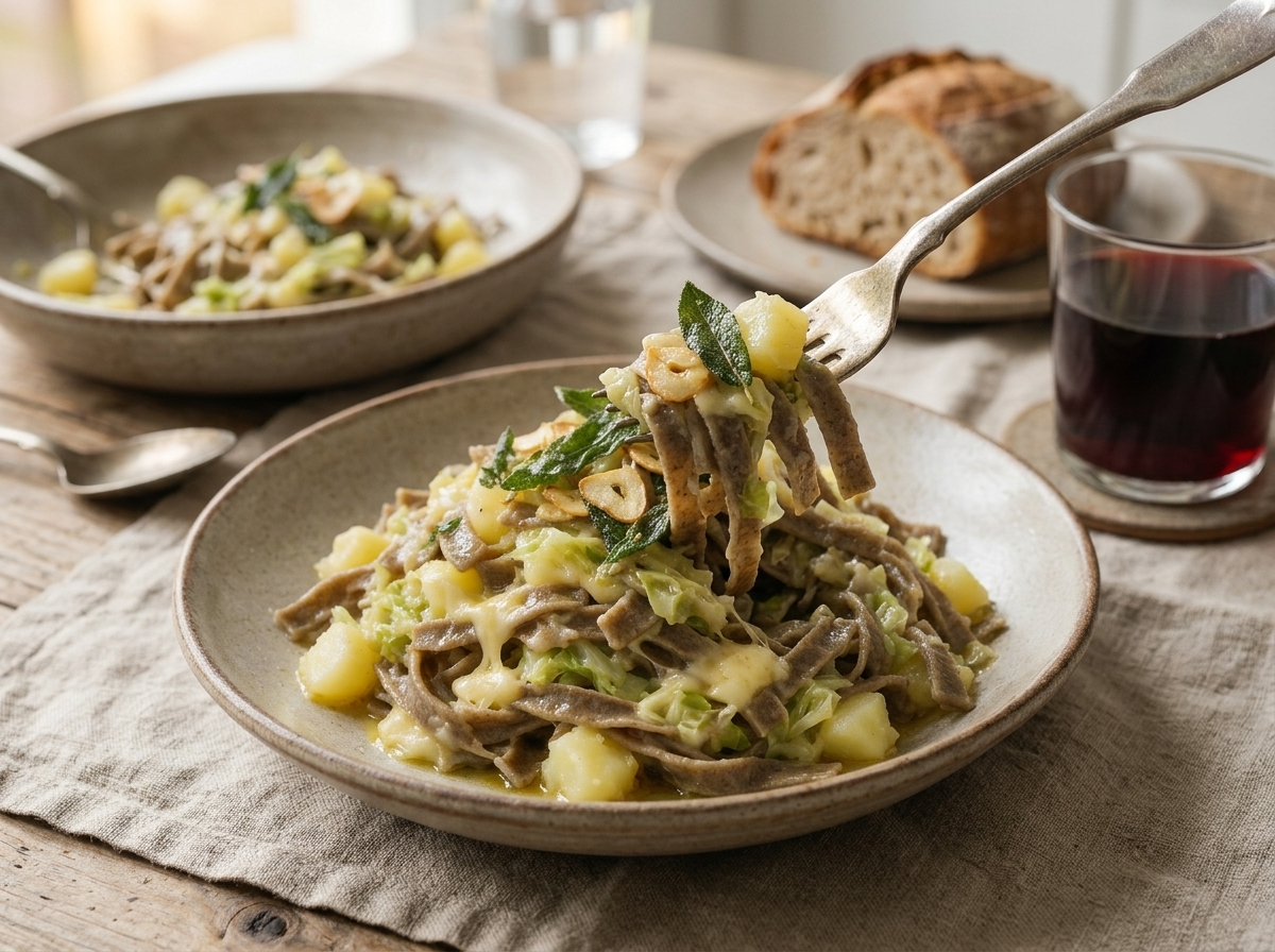 Two rustic bowls of pizzoccheri on a wooden table with a glass of red wine, linen napkin, and crusty bread nearby