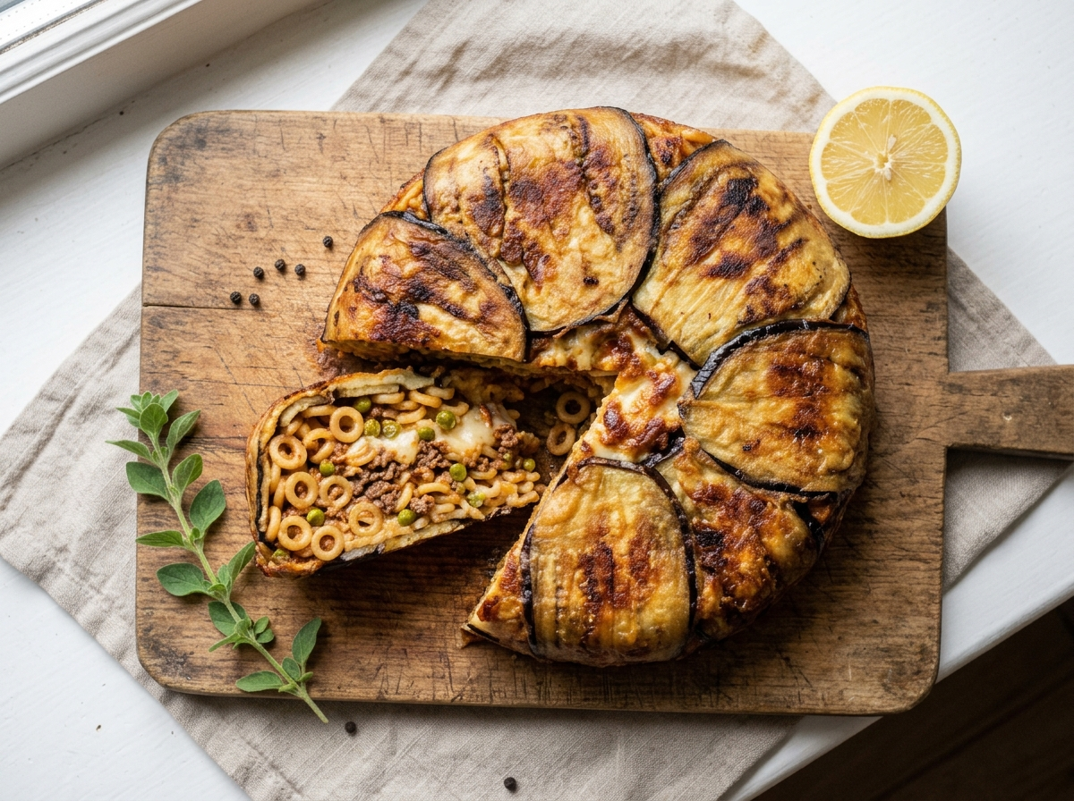 Sliced timballo di anelletti palermitani showing pasta, beef ragu, and caciocavallo inside a fried eggplant crust