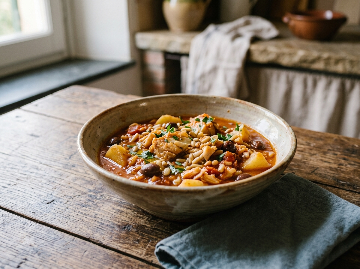 Overhead bowl of stoccafisso alla genovese with flaked stockfish, potatoes, black olives, and pine nuts in tomato sauce