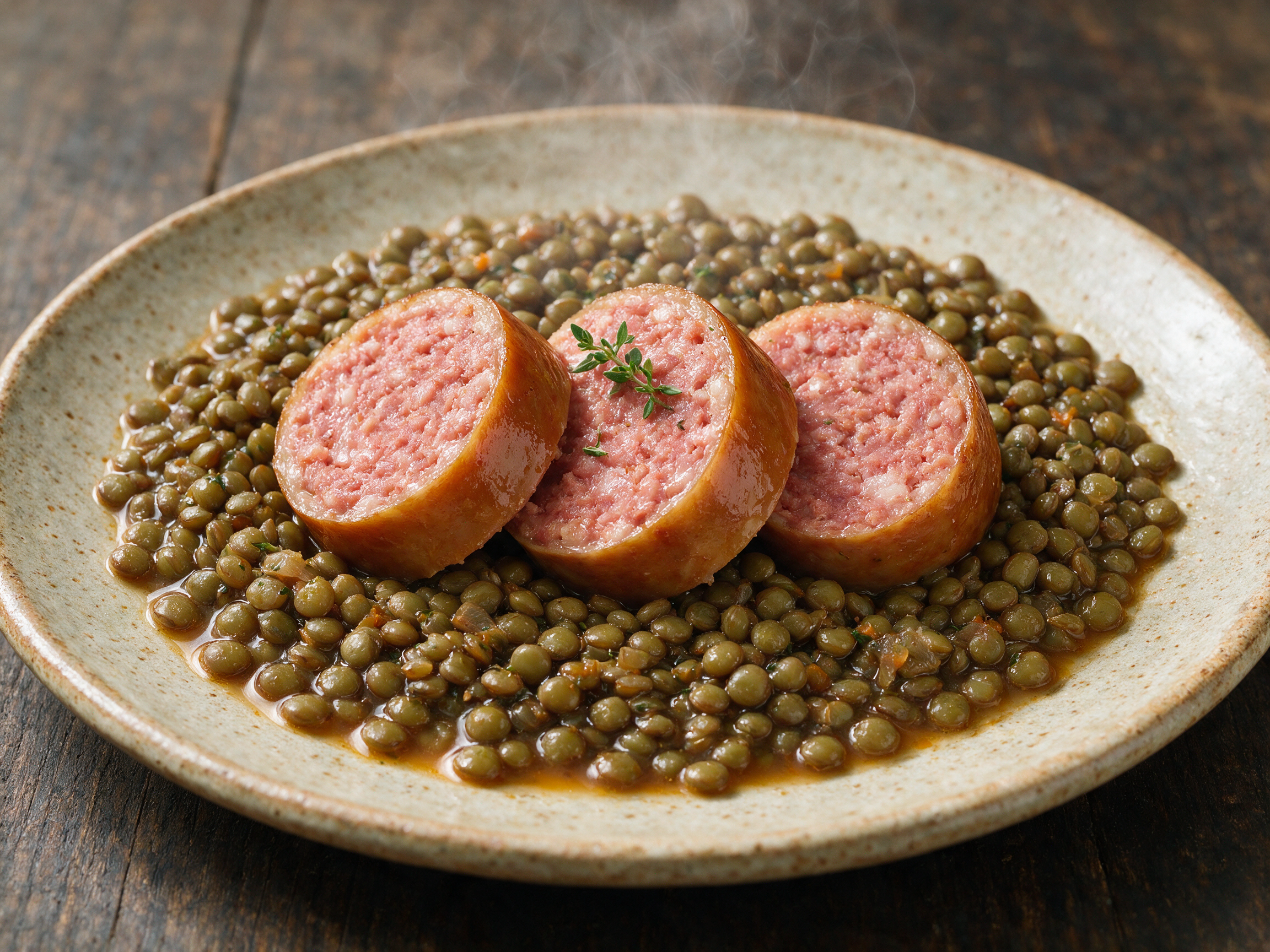 Thick slices of zampone modenese fanned over stewed lentils on a ceramic plate with broth pooled at the rim