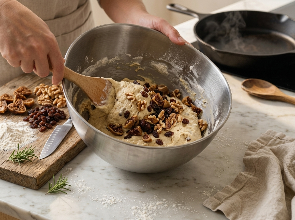 Hands folding chopped figs, raisins, and walnuts into pale yeasted dough inside a steel mixing bowl on a marble counter