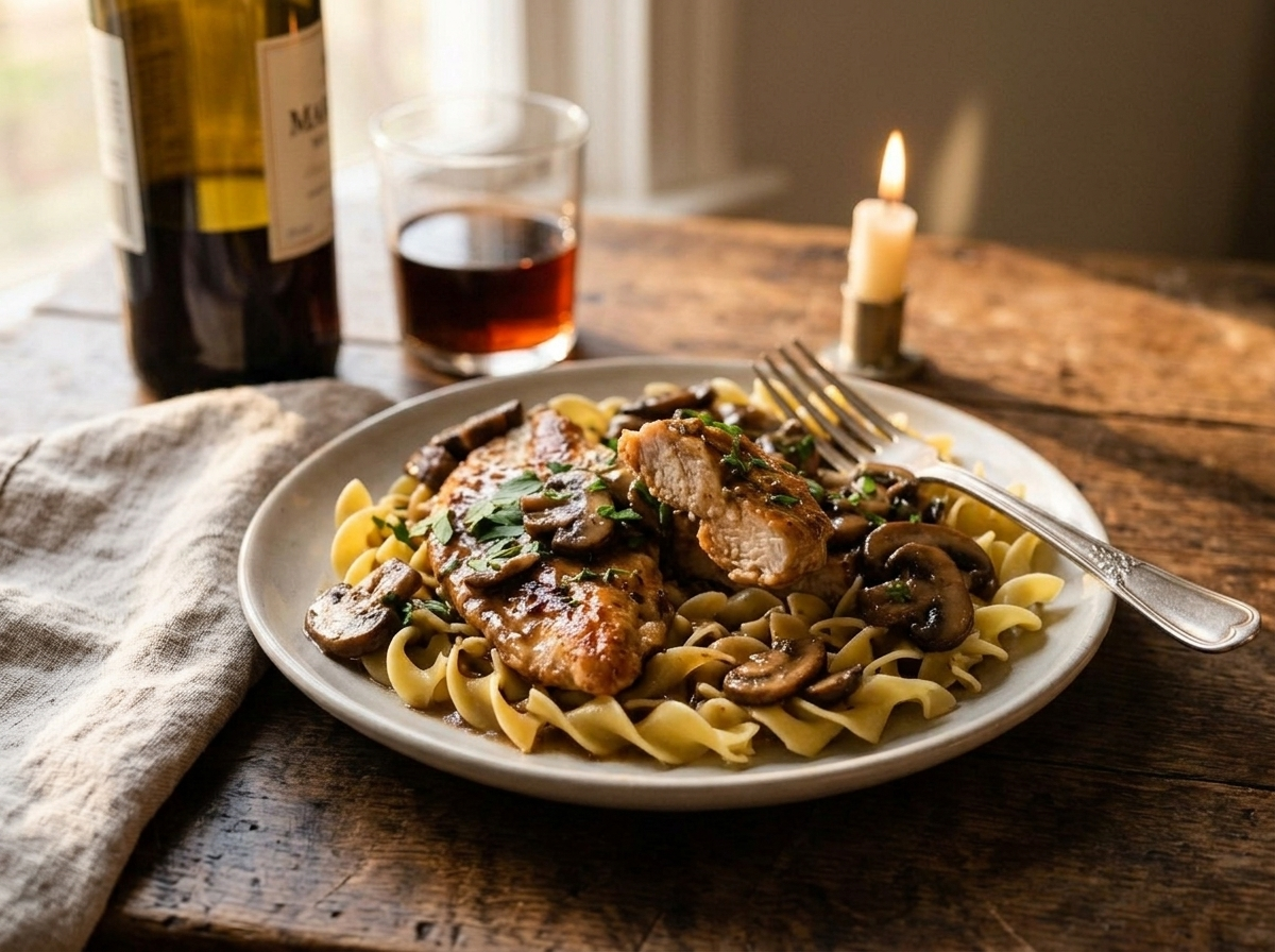 Plate of Pollo al Marsala served over egg noodles with a glass of Marsala wine on a linen-set table