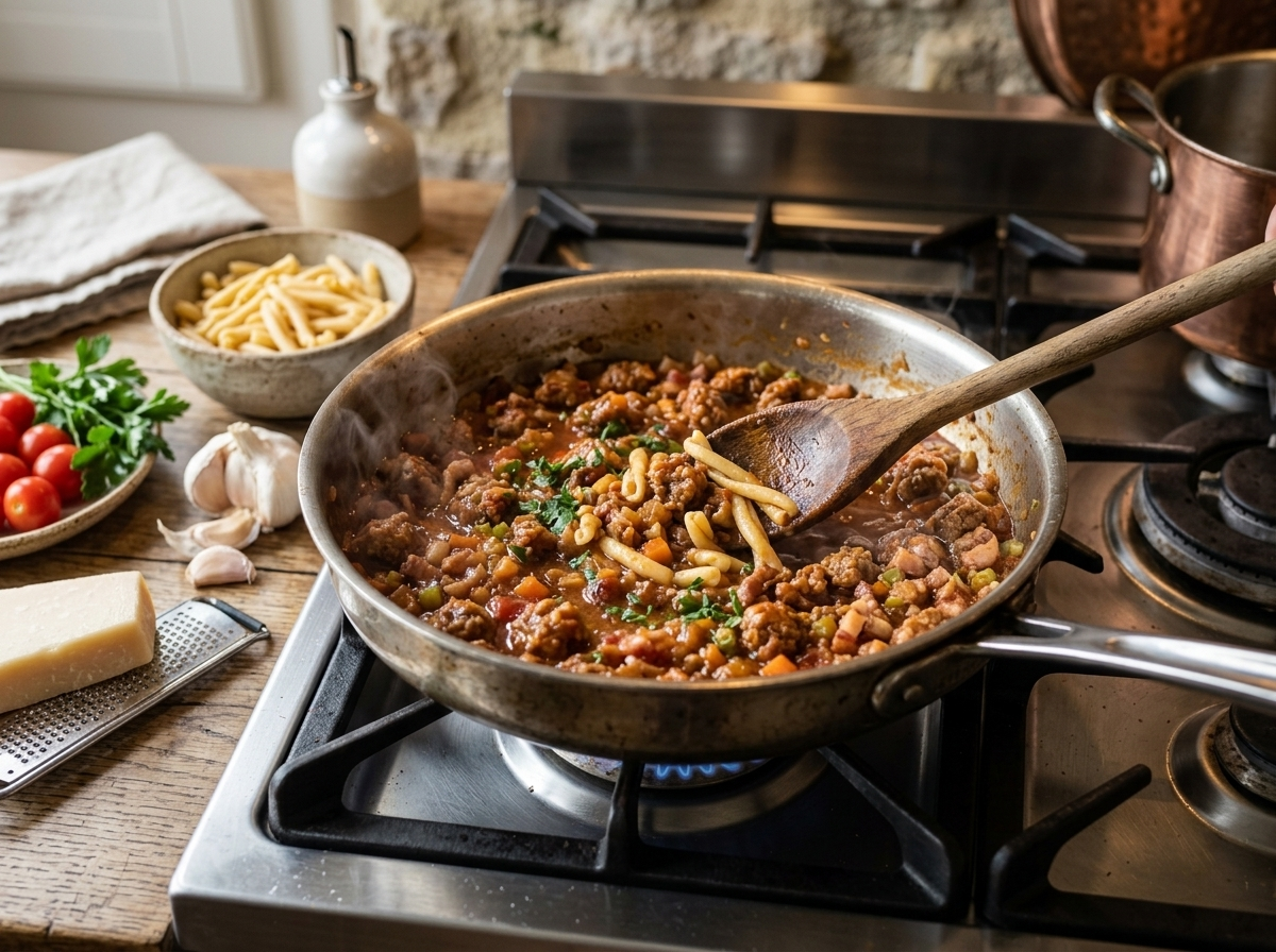 Sausage and pancetta ragù simmering in a saucepan with tomato passata and chopped soffritto vegetables