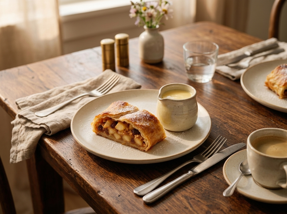A warm slice of apple strudel on a rustic plate with a jug of vanilla sauce and a linen napkin at a wooden table.