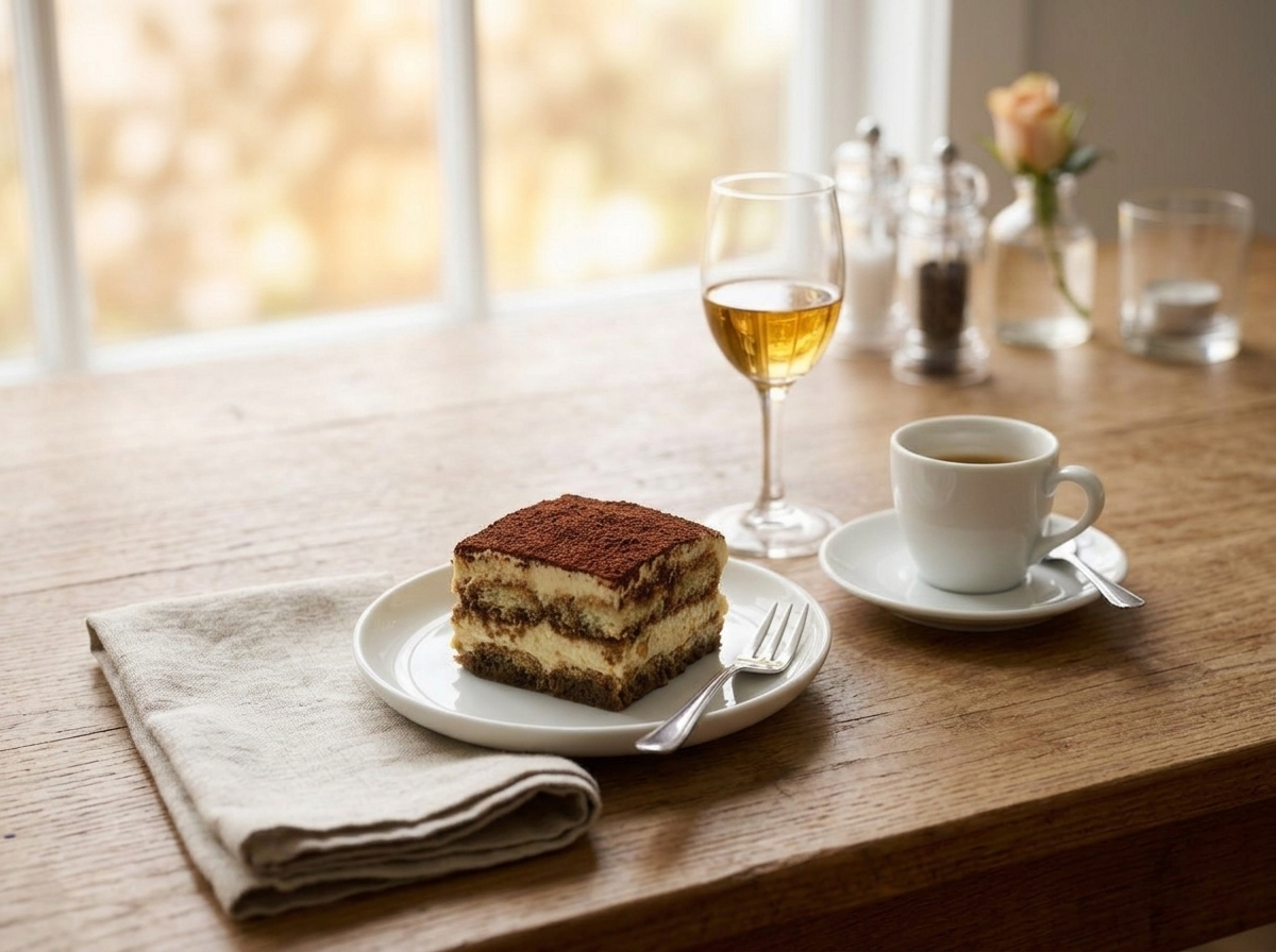Plated tiramisu classico slice served with espresso and a glass of vin santo on a linen-set table