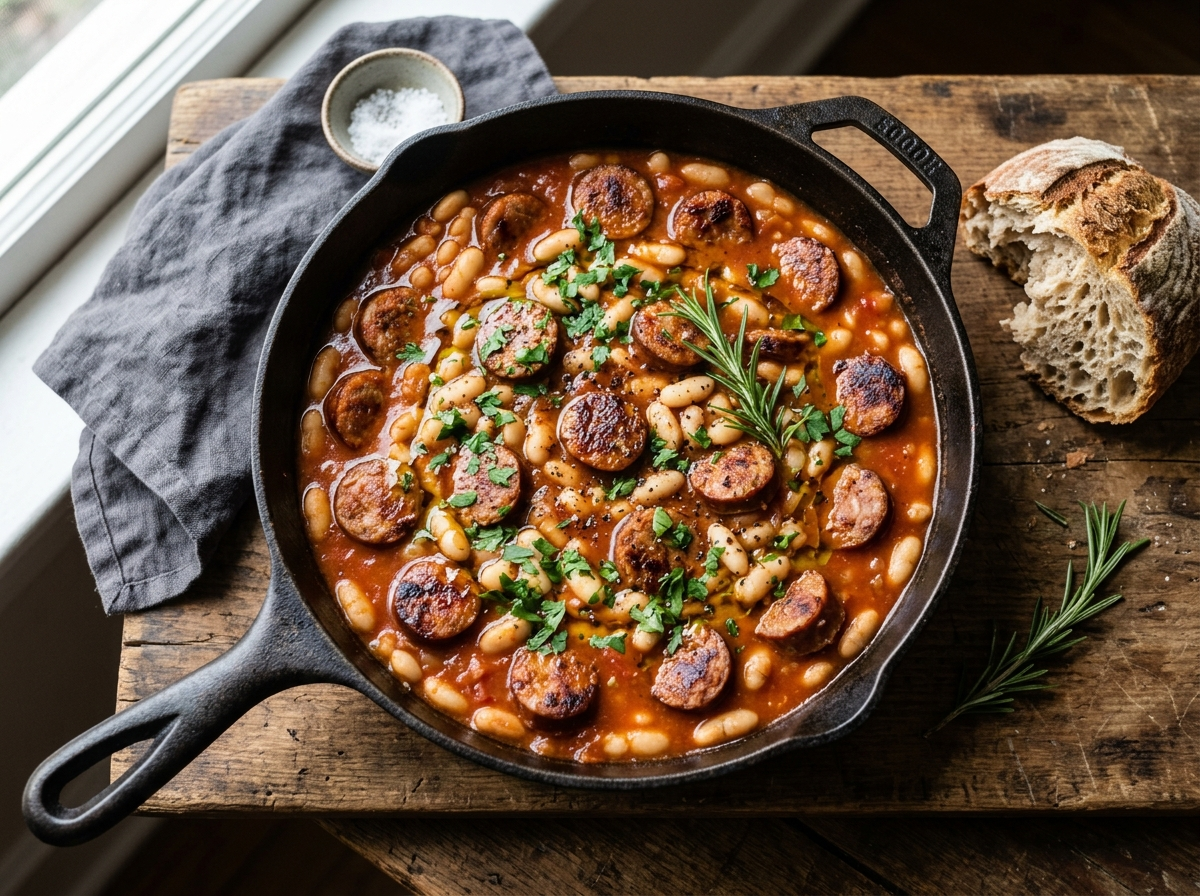 Cast iron pan of salsiccia e fagioli with sliced sausage, cannellini beans and tomato broth topped with parsley