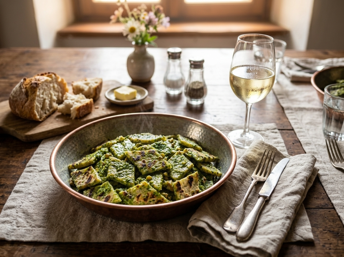 Table set with testaroli al pesto, a glass of white wine, and crusty bread in warm natural light