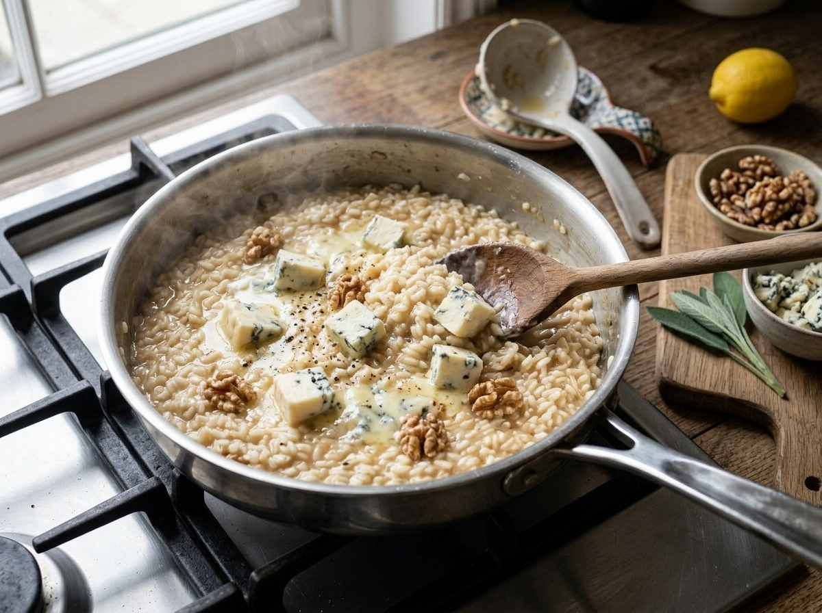 Wooden spoon stirring melted gorgonzola into glossy arborio rice risotto in a wide steel pan off the heat
