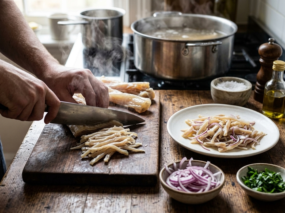Hand slicing warm simmered veal tendon into thin strips on a wooden board for insalata di nervetti