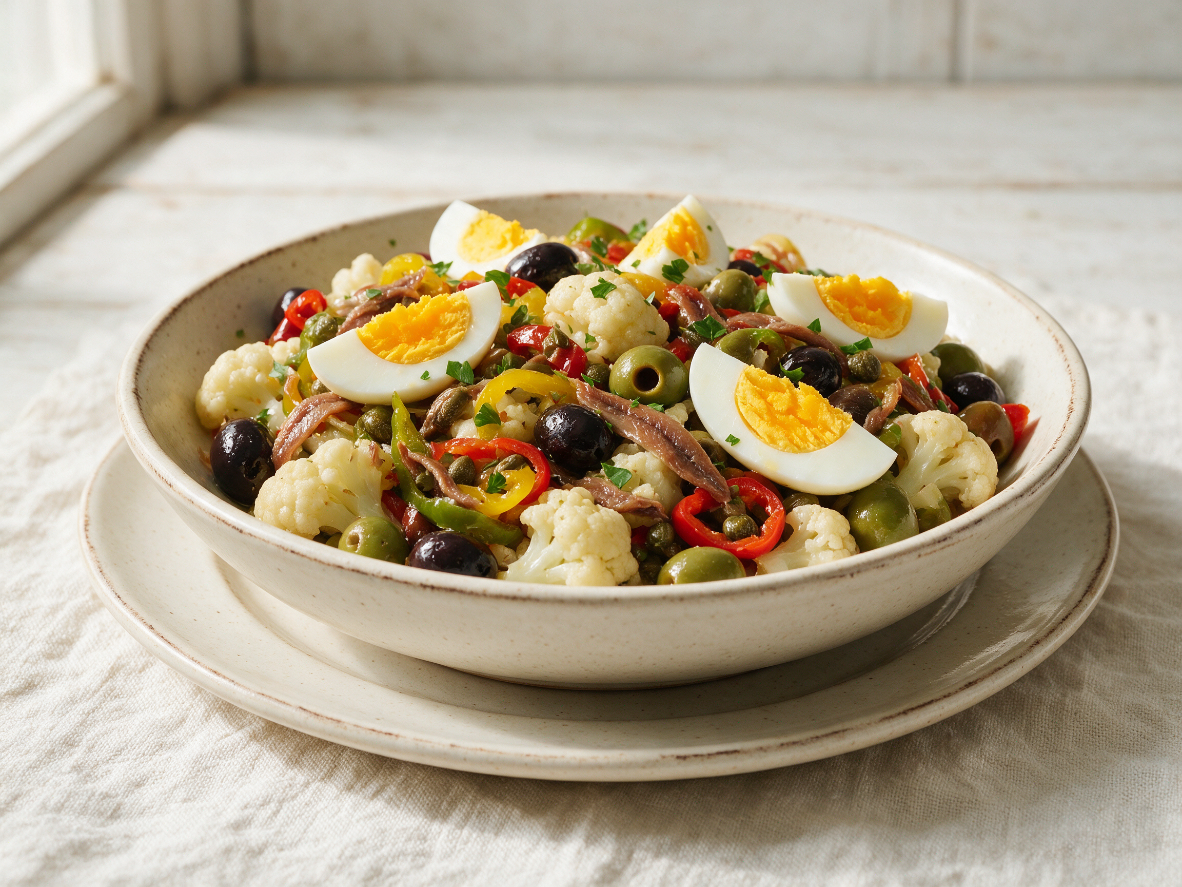 Overhead view of insalata di rinforzo in a ceramic bowl with cauliflower, black olives, and quartered eggs on a linen cloth