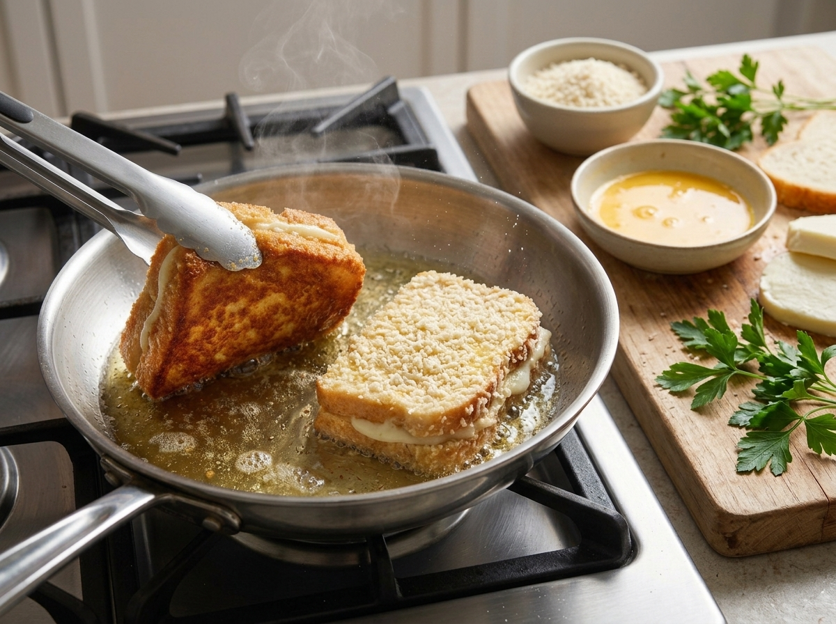 Two egg-dipped mozzarella sandwiches frying in a stainless skillet with golden edges forming and steam rising off the oil