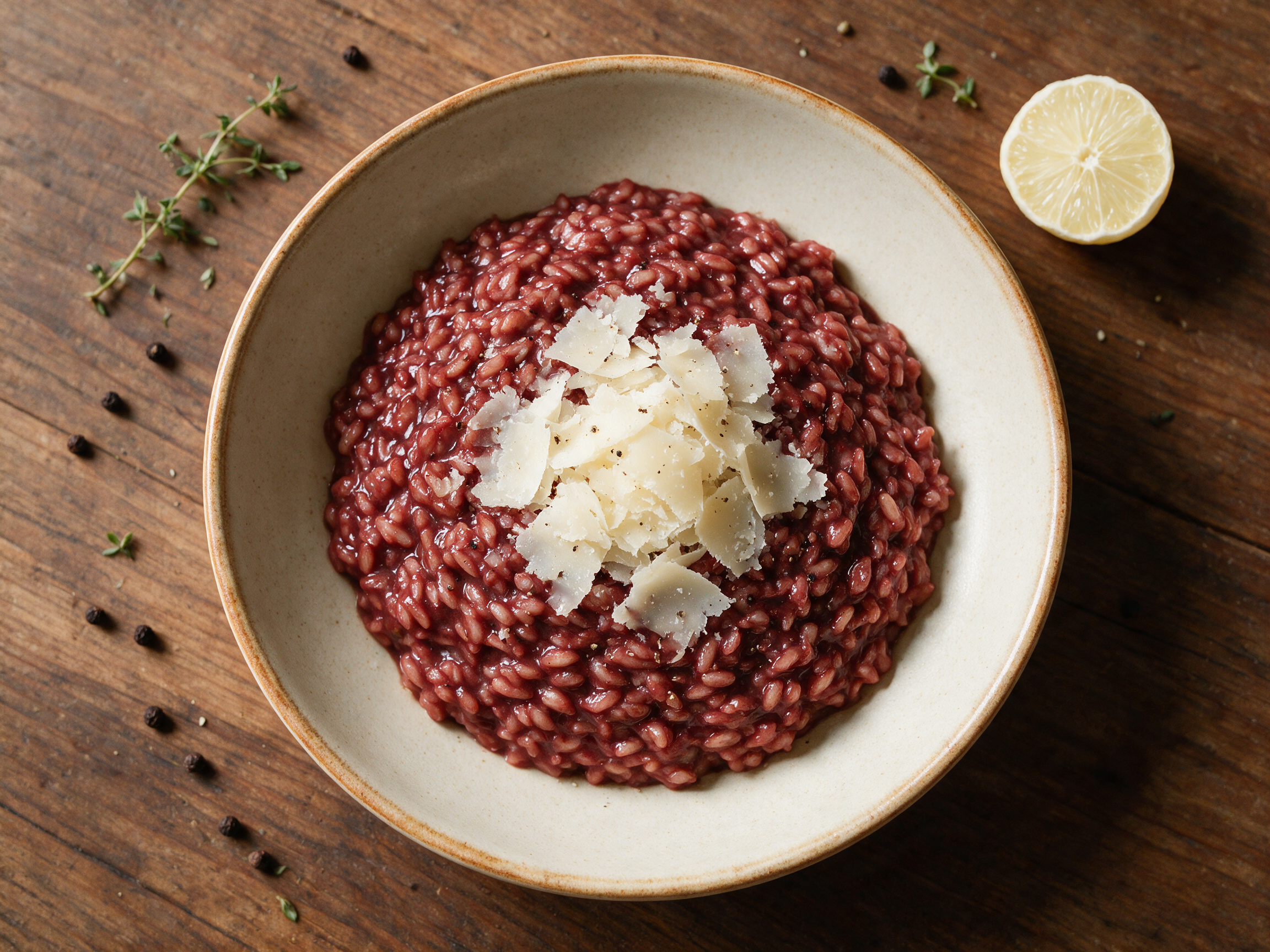 Overhead view of ruby-colored Risotto al Barolo in a white bowl, topped with shaved Parmigiano and cracked black pepper.