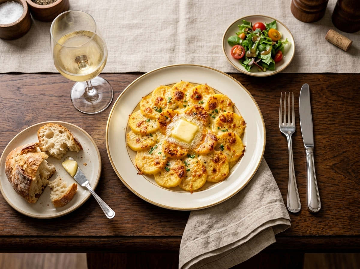 Plate of gnocchi alla romana served with a glass of white wine and crusty bread on a wooden table