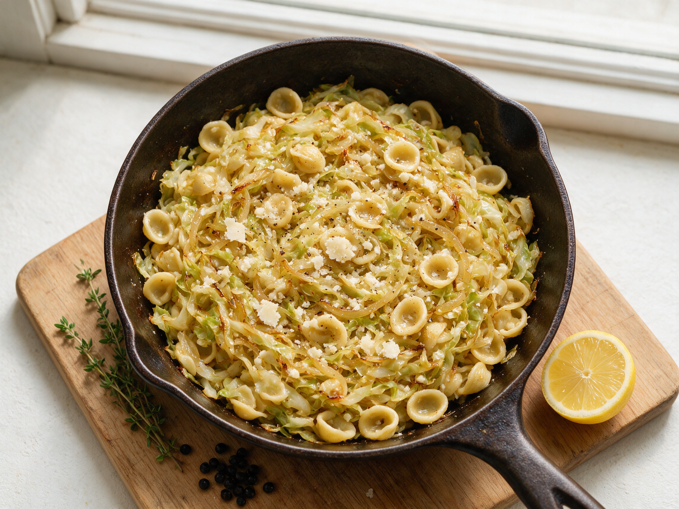 Overhead view of orecchiette tossed with golden fried cabbage and onions in a cast-iron skillet, topped with shaved parmesan