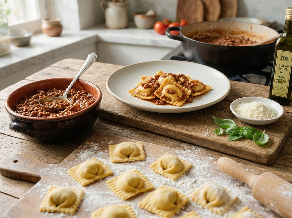 Close-up of hands folding pasta dough over mounds of potato filling on a floured wooden board mid-shaping.