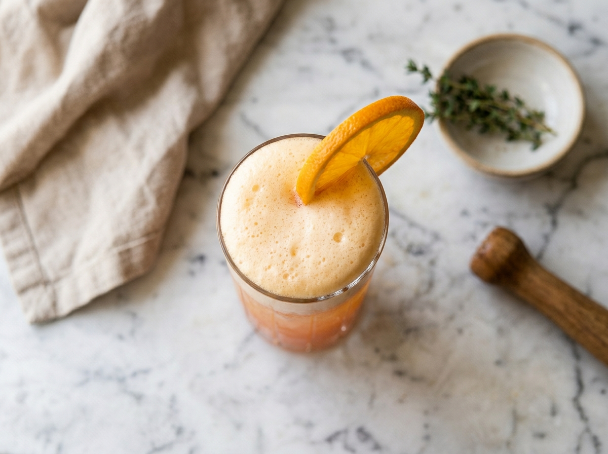 Garibaldi cocktail in a highball glass with foamy orange top, ice cubes, and a thin orange wheel garnish