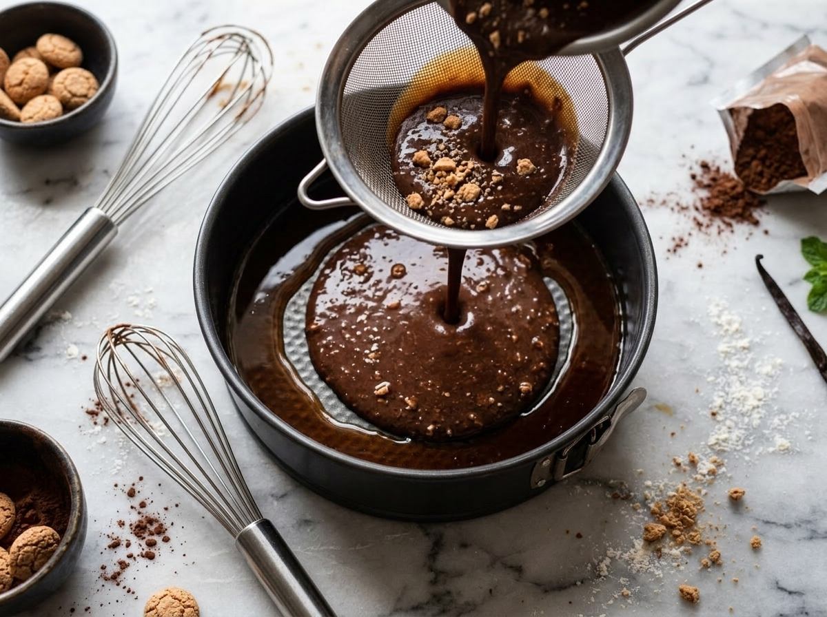 Cocoa amaretti custard being strained through a fine-mesh sieve into a caramel-coated mold before baking in a water bath