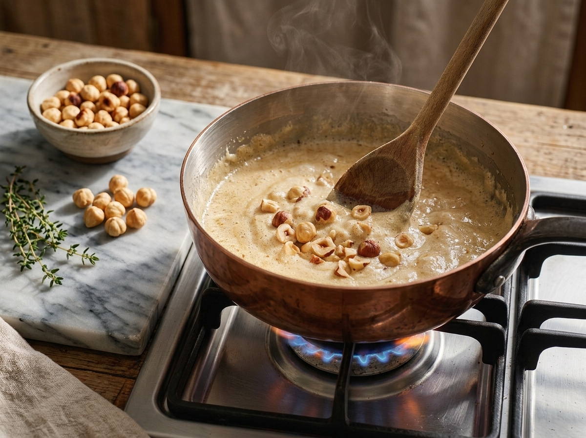 Close-up of pale golden egg white and hazelnut mixture being stirred with a wooden spoon in a saucepan on the stovetop